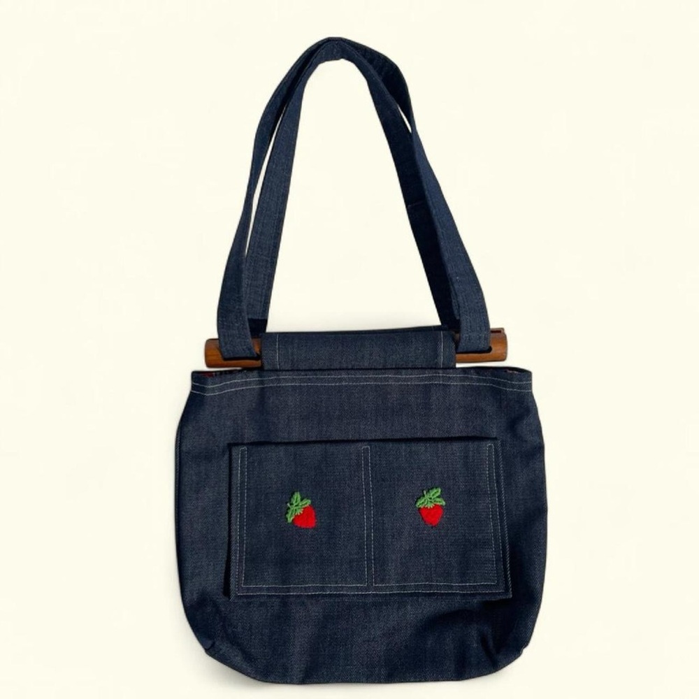 Handmade Denim Tote Bag Strawberry Embroidered Wooden Handle Cottagecore Kitschy